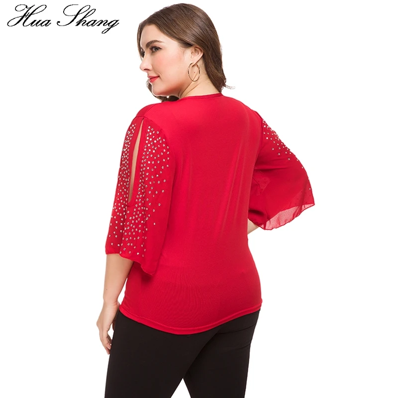 Beste Rode Vrouwen Tops 2019 Zomer V hals Drie Kwart Mouw Losse Oversized Blouse Elegante Koude Schouder Diamanten Plus Size Blouse