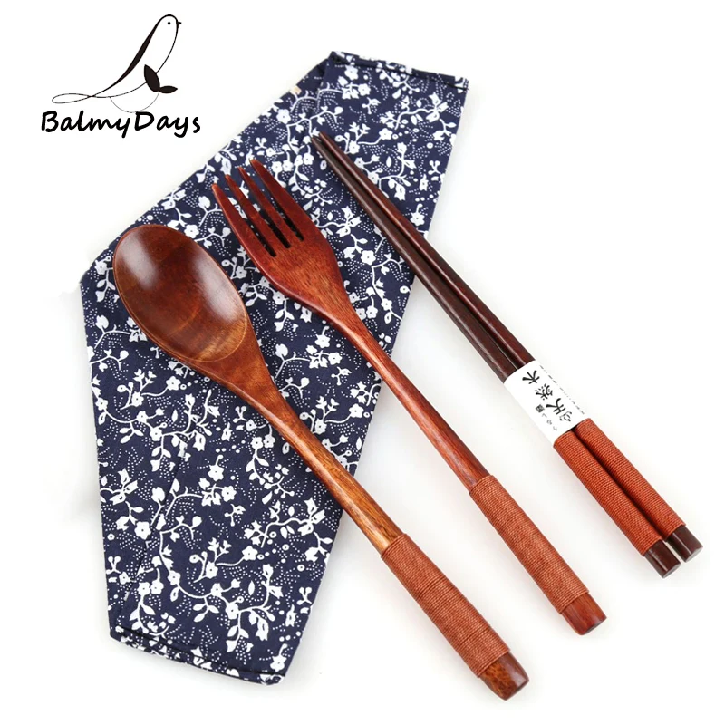 3Pcs Wood Cutlery Dinnerware Set Wooden Spoon Fork Chopsticks Japanese