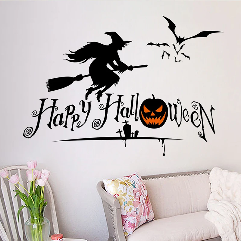 Happy Halloween Pumpkins Spooky Cemetery Witch and Bats Tomb Wall