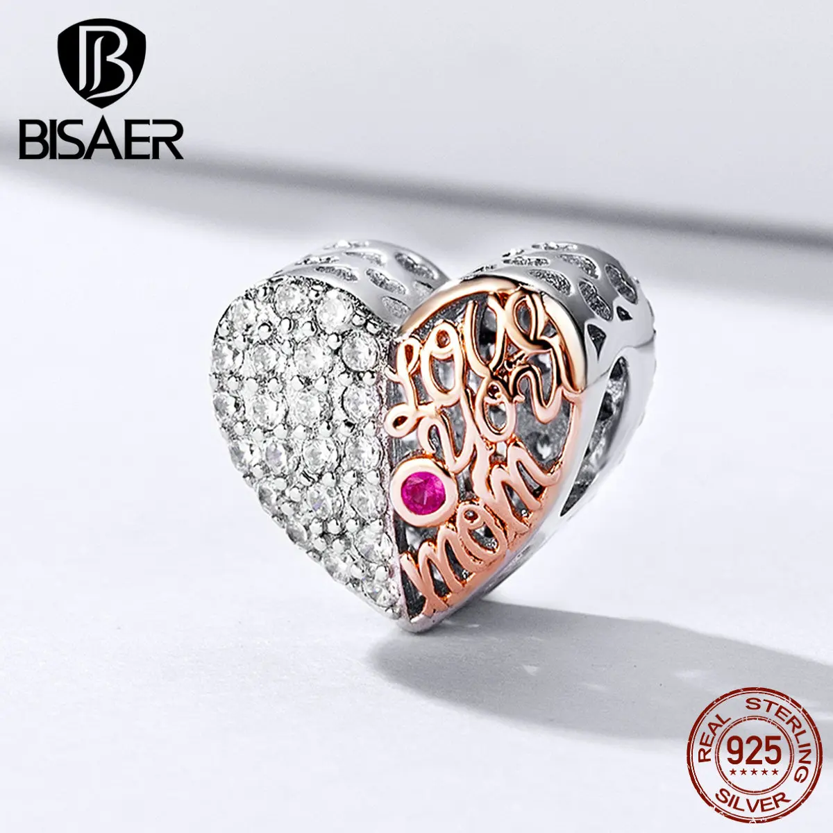 

BISAER Romantic 925 Sterling Silver Heart Shape Beads Mom's Love Charms fit Mother Bracelets Silver 925 Jewelry Gift ECC1173