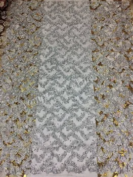 

Beaded 5yard/lot african glitter lace fabric beaded tulle lace YG-123 with glued glitter for party dress Silver color