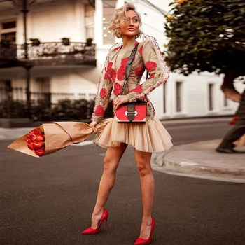 

2018 Elegant Long Sleeve Women Celebrity Party Dresses Vestidos New Arrival Fashion Flowers Embroidery Mesh Sexy Bandaeg Dress