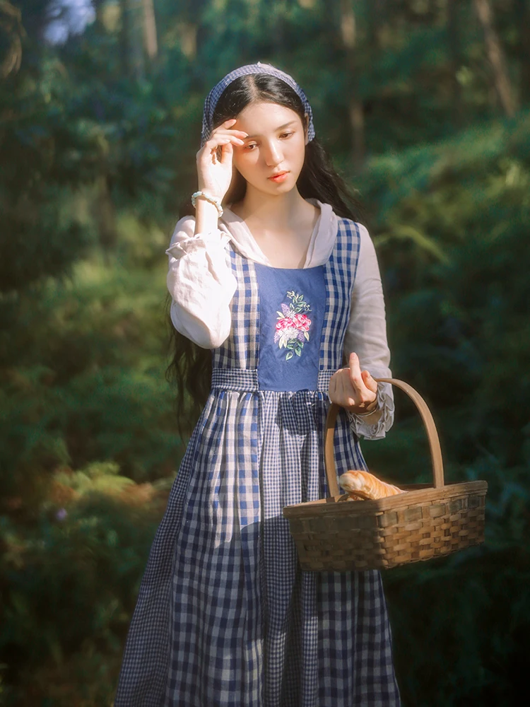 

LYNETTE'S CHINOISERIE Spring Autumn Original Design Women French Vintage Plaid Patchwork Embroidery Faux Twinset Linen Dresses