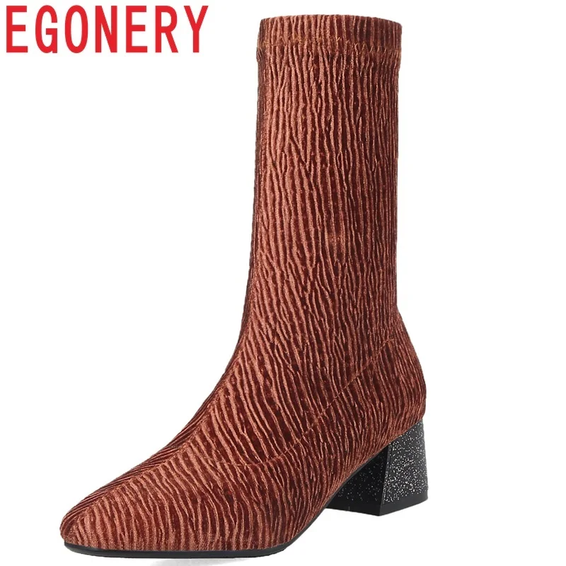 

EGONERY shoes women 2018 newest fashion concise square toe zip med square heel three colors outside winter warm mid calf boots