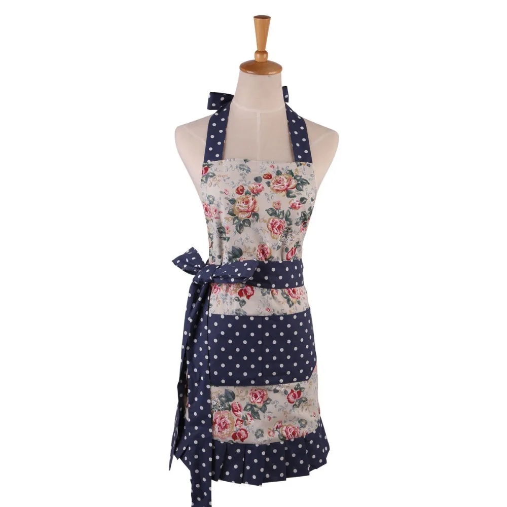 New Women Restaurant Home Kitchen apron Flower And Leaves Printed Pocket Lace Cooking Cotton Apron High Quality Pleated Apron