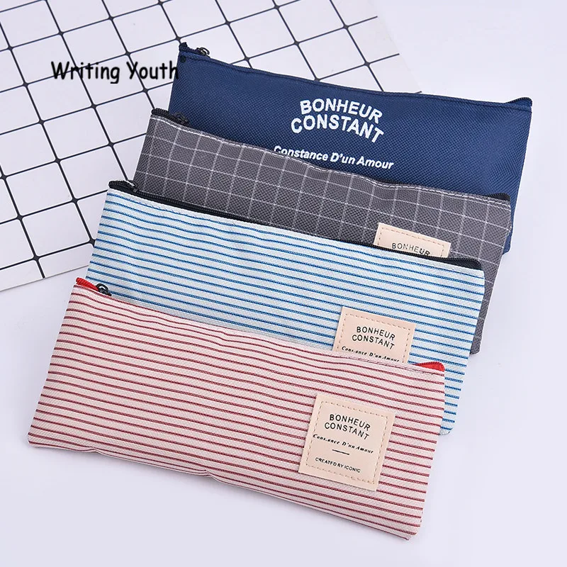 

Simple Lattice Series Canvas Material Pencil Case Gift Office School Pencil Box Pencil Bag School Supplies