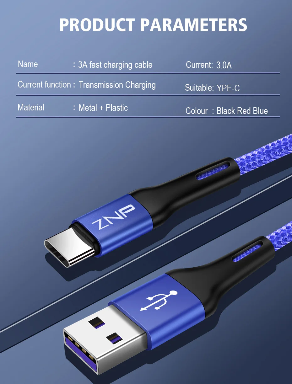 ZNP кабель usb type-C для samsung S10 huawei P30 Pro Быстрая зарядка type-C кабель USB C для samsung S9 S8