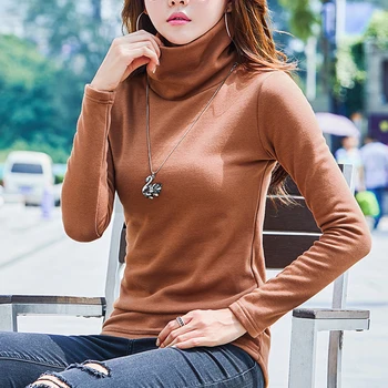 

OUMENGKA 2018 New Thick Tshirt Women Warm Turtleneck T-shirts For Winter Fashion Long-sleeve T Shirt Woman Plus Size Female