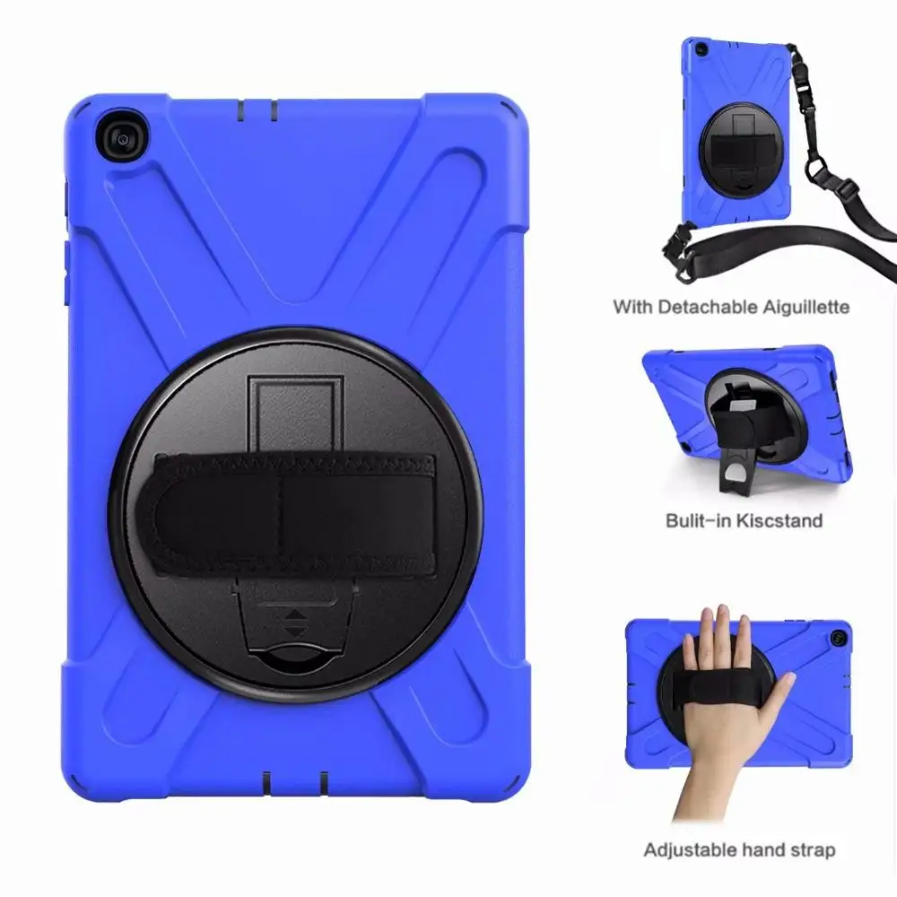 Чехол для samsung Galaxy Tab A T510 T515 10,1 '', безопасный противоударный защитный чехол для планшета, вращающийся на 360 градусов, ремешок на руку и шейный ремень - Цвет: Синий