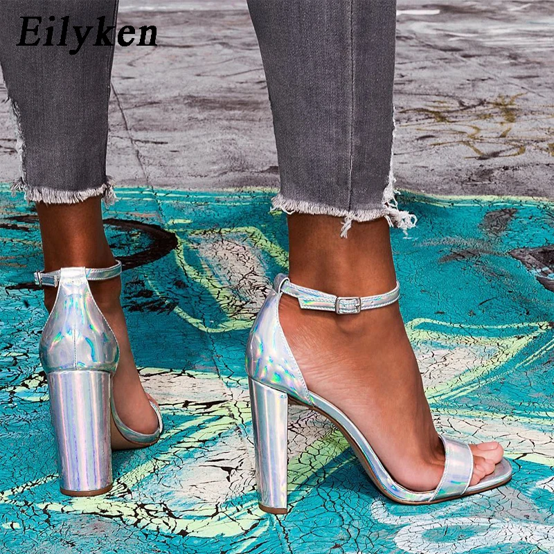 

Eilyken Fashion Concise Silver Ladies Sandals Peep Toe Buckle Strap Super High Heels Sandals Women Cover Heel Gladiator Sandals