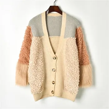 

Knit Coat 2018 Autumn Winter Vintage Loose Women's Sweater Faux Lamb Patchwork Thick Oversize Cardigan V Neck Casual Kintwear