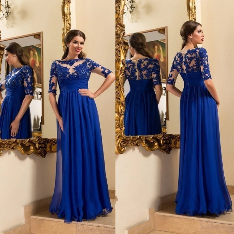 

2019 Royal blue Lace Plus size Mother of the bride dresses A line Half sleeve Elegant Long Evening gowns Illusion Women dress