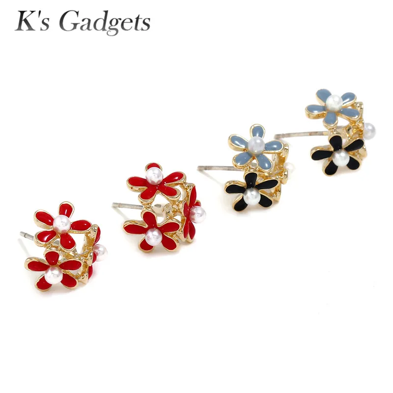 K's Gadgets Trendy Flower Enamel Earrings Minimalist Jewelry Imitation Pearls Gold Color Small | Украшения и аксессуары