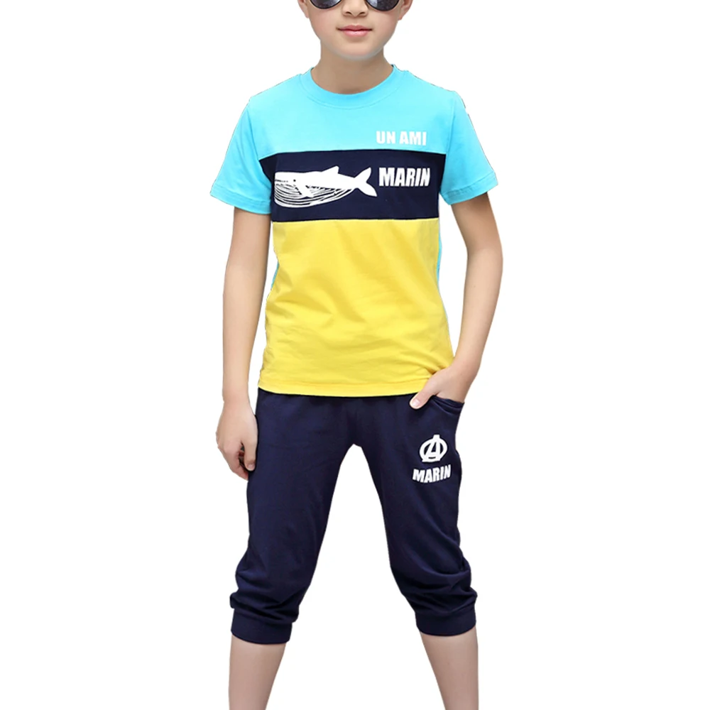 

5Y-15Y Children Summer Clothing Sets Blue Casual Short Sleeves Tees + 3/4 Length Pants Boys Tracksuits Casual Cotton Kids Outfit