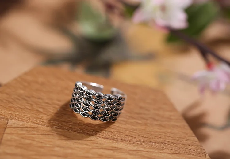 Ретро тайские серебряные черные кристаллы, цветок стерлингового серебра 925 женские кольца на палец ювелирные изделия женские открытые кольца вечерние подарок на помолвку