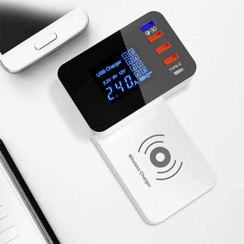 

QI Wireless Charger Quick Charge 3.0 Smart USB Type C Charger Station HUB Led Display Fast Charging Power Adapter Desktop Strip