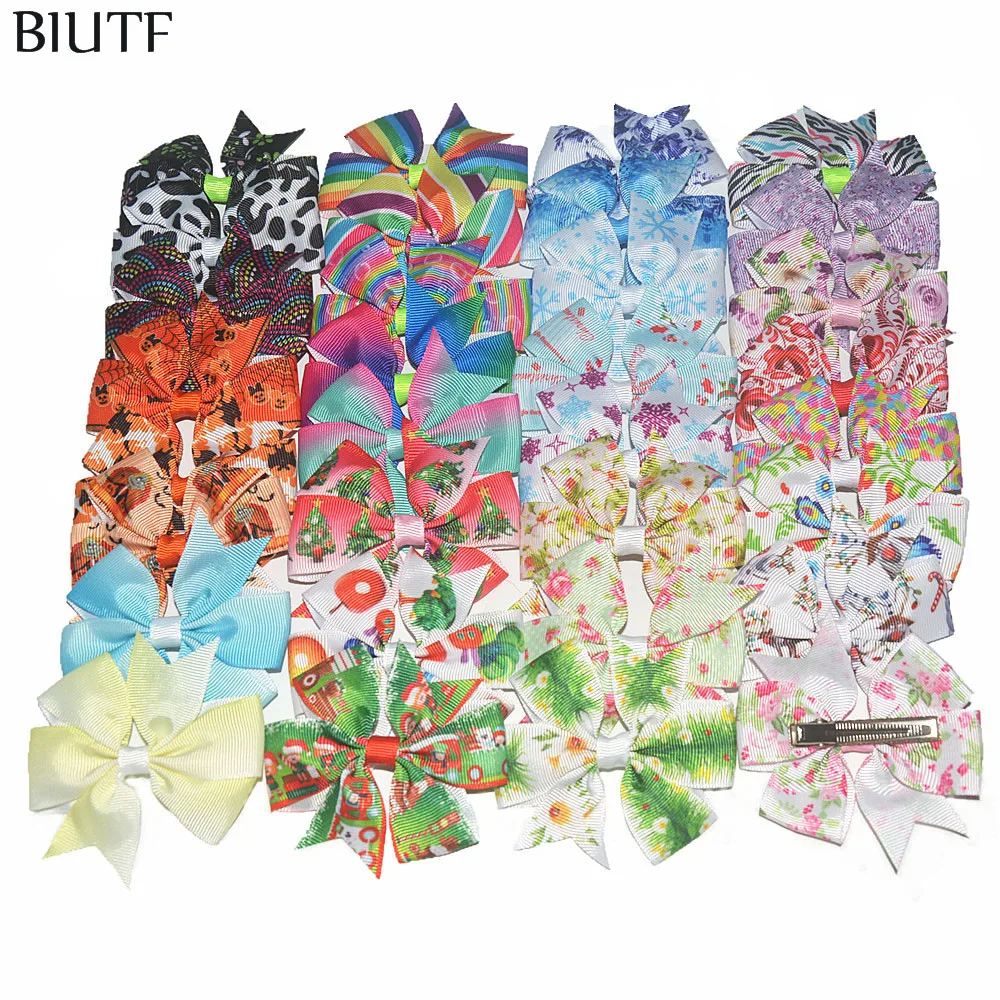 

100pcs/lot Printed Hair Bows Clips Grosgrain Ribbon Bows Hairpins Kids Hair Accessories Kids Christmas Headwear FC125