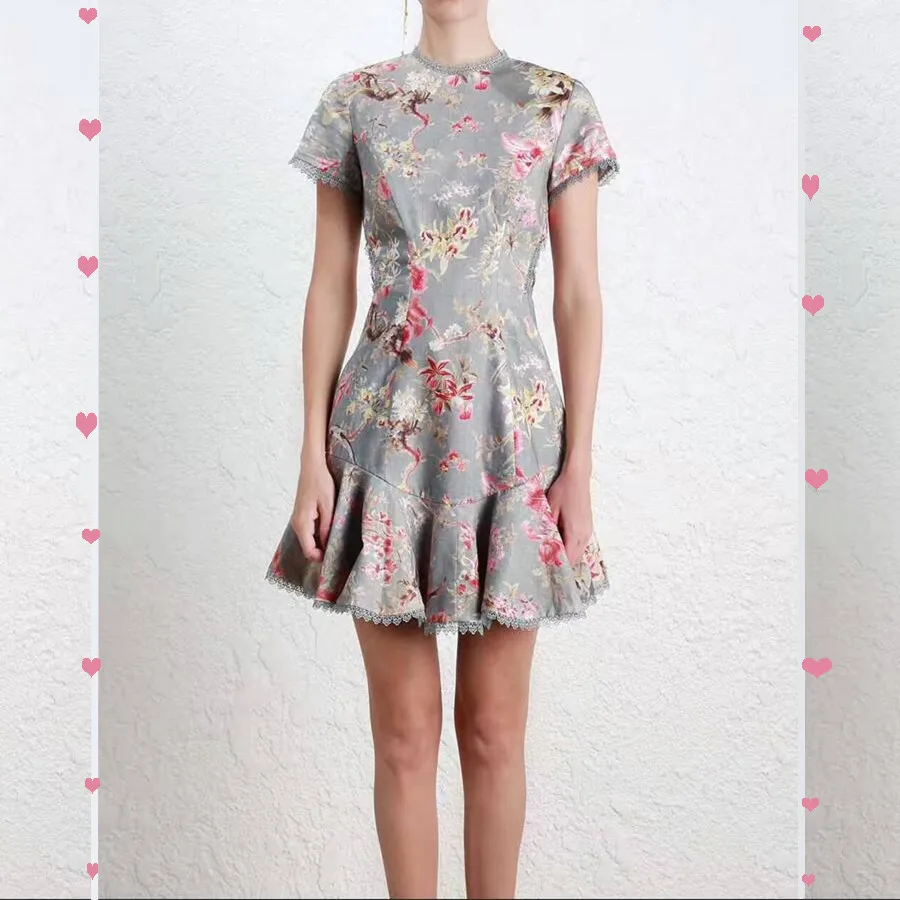 Women Short Sleeves Lattice Dress Lace Up Linen And Cotton Blend