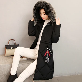 

Long Women Winter Jackets Slim Hooded Big Fur Collar Coats Female Warm Black Parkas Outwear Cotton Padded Jacket KLD1270