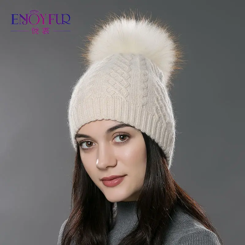 Beste ENJOYFUR Winter bont pompom hoed voor vrouwen kasjmier wol katoen hoed Grote Echte Wasbeer bont pompom Mutsen cap vossenbont bobble hoed