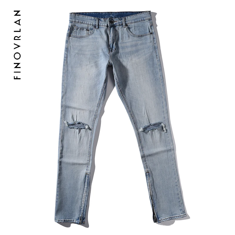Рваные джинсы для Для мужчин хип-хоп Super Skinny синий Для мужчин Ankle zipper jeans эластичные штаны дизайнерские брендовые Модные Slim Fit Рваные брюки