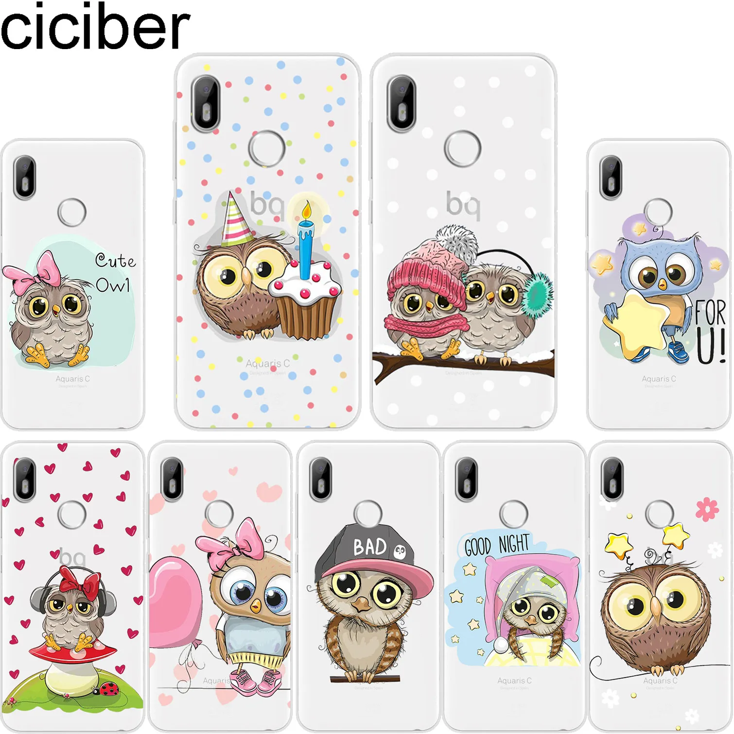 

ciciber For BQ Aquaris C U2 U X5 V VS X2 X Lite Pro Plus E5 s E4.5 M5 M5.5 M4.5 Back Cover Clear TPU Phone Cases Cute Owl Heart