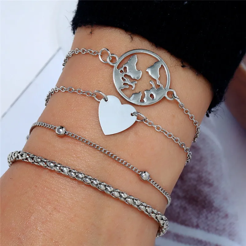 

4pcs/Set 2019 New Retro Hipster Bead Round Screw Chain Multilayer Silver Bracelet Set For Women Look Slim Bangle Party Jewelry