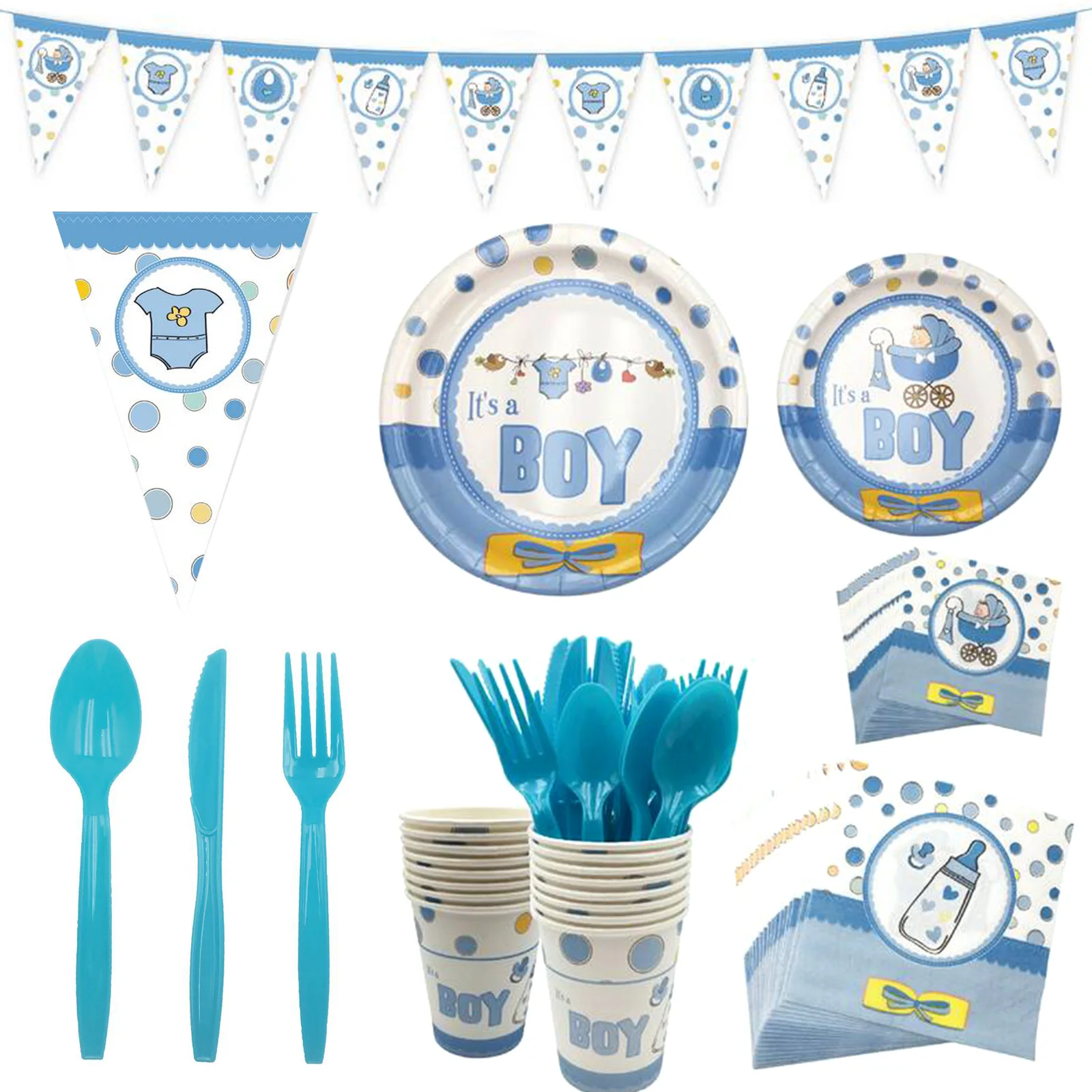 Unisex Disposable Plates Cups Napkins Knifes Fork Tableware Set Boy or Girl Gender Reveal Theme Party Birthday Baby Shower Decor