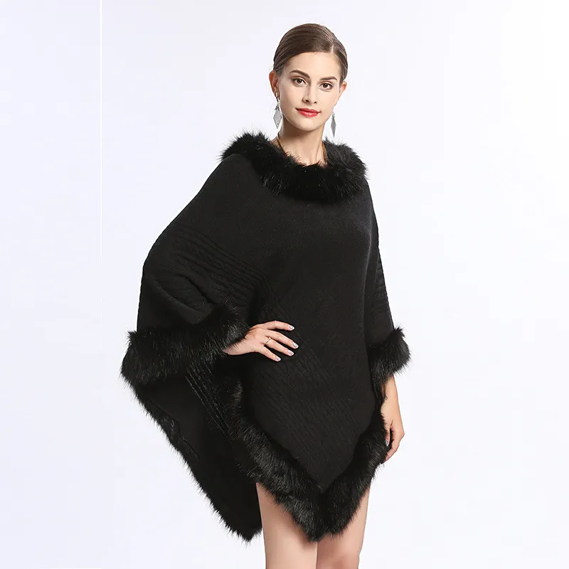 

LaMaxPa 2018 Autumn Winter New Fashion Women Warm Solid Knitted Vintage Fox Fur Cashmere Shawls Wraps Cape Femme Coat Poncho