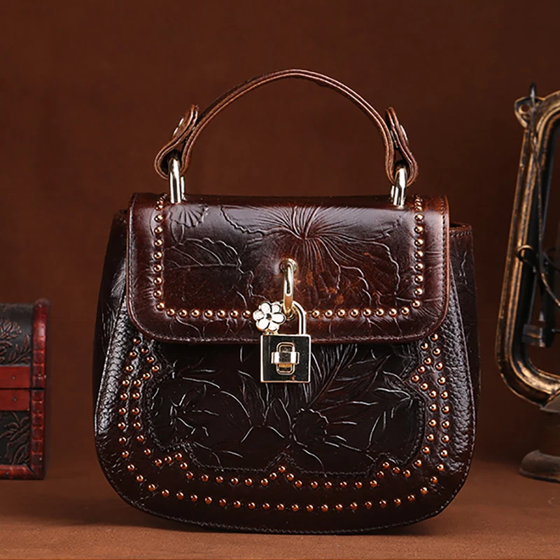 

Genuine Embossed Leather Women Tote Handbag Retro Cross body Bag Small High Quality Oil Wax Cowhide Shoulder Messenger Bags