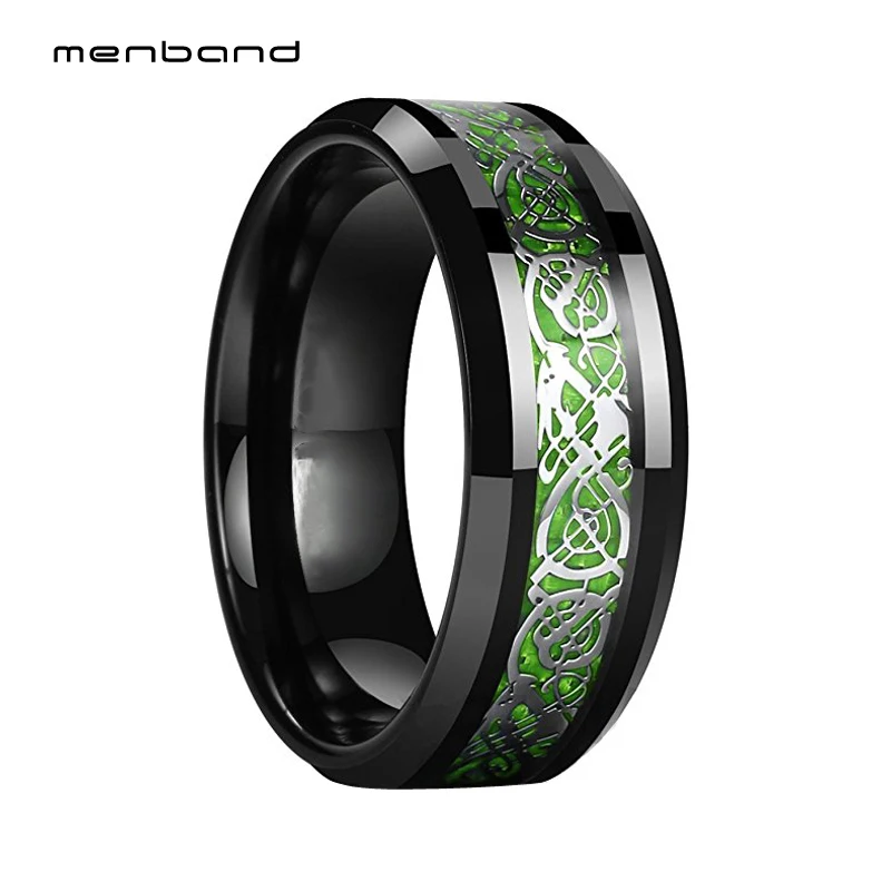 

Dragon Ring Tungsten Black wedding Rings For Men And Women With Green Carbon Fiber And Silver Dragon Inlay