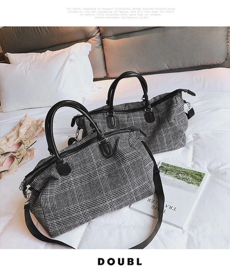 Short-distance Travel Bag Female Handbag Wool Large Capacity Waterproof Men Diagonal Fitness Bag Black Plaid Pattern Duffel Bag