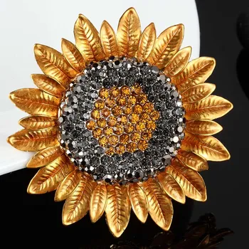 

New Arrival Rhinestone Crystal Sunflower Brooch For Women New Year Gifts Colares Yellow Enamel Hijab Accessories Bags Bijoux