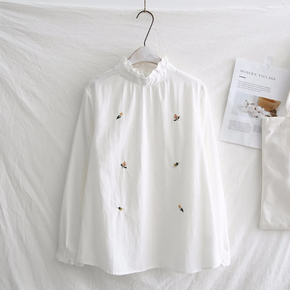 

tulip flower embroidery long sleeve white cotton stand collar shirt female