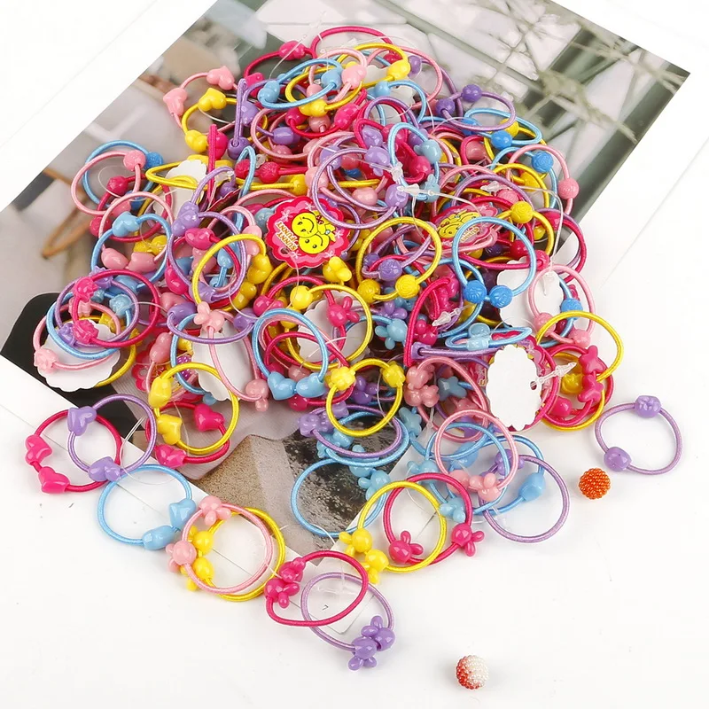 50pcs Colorful Plastic Elastics Hair Bands Two Beads Candy Color Rubber