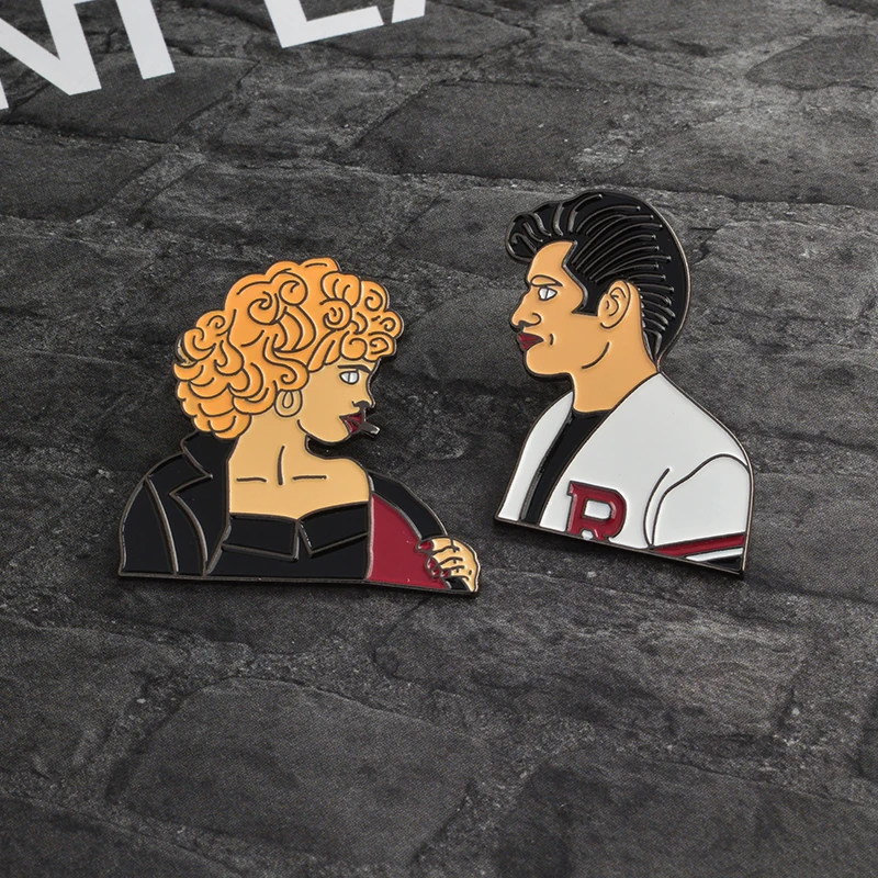 

Sandy and Danny Couple Brooch Punk Movie Grease Ladies Enamel Pin Lapel Pins Button Badge Gothic Jewelry Gift for Women Men