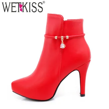 

WETKISS 2018 Pu Ankle Lady Boot Women Warm Platform Pointed Toe Footwear Crystal Femsle Shoes Fashion New High Heels Bootie