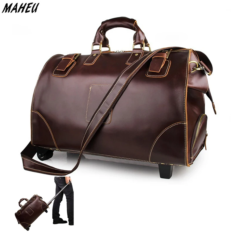 Men's genuine leather waterproof travel bags big men women durable travel duffle weekend trolley
