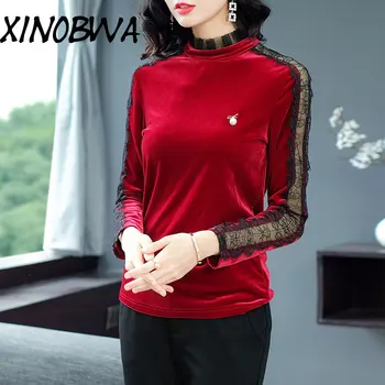 

New 2018 Women Autumn Spring Fashion Loose Turtleneck Sexy Patchwork Red Bodycon Shirts Tops Female Vintage Elegant T Shirt Tees