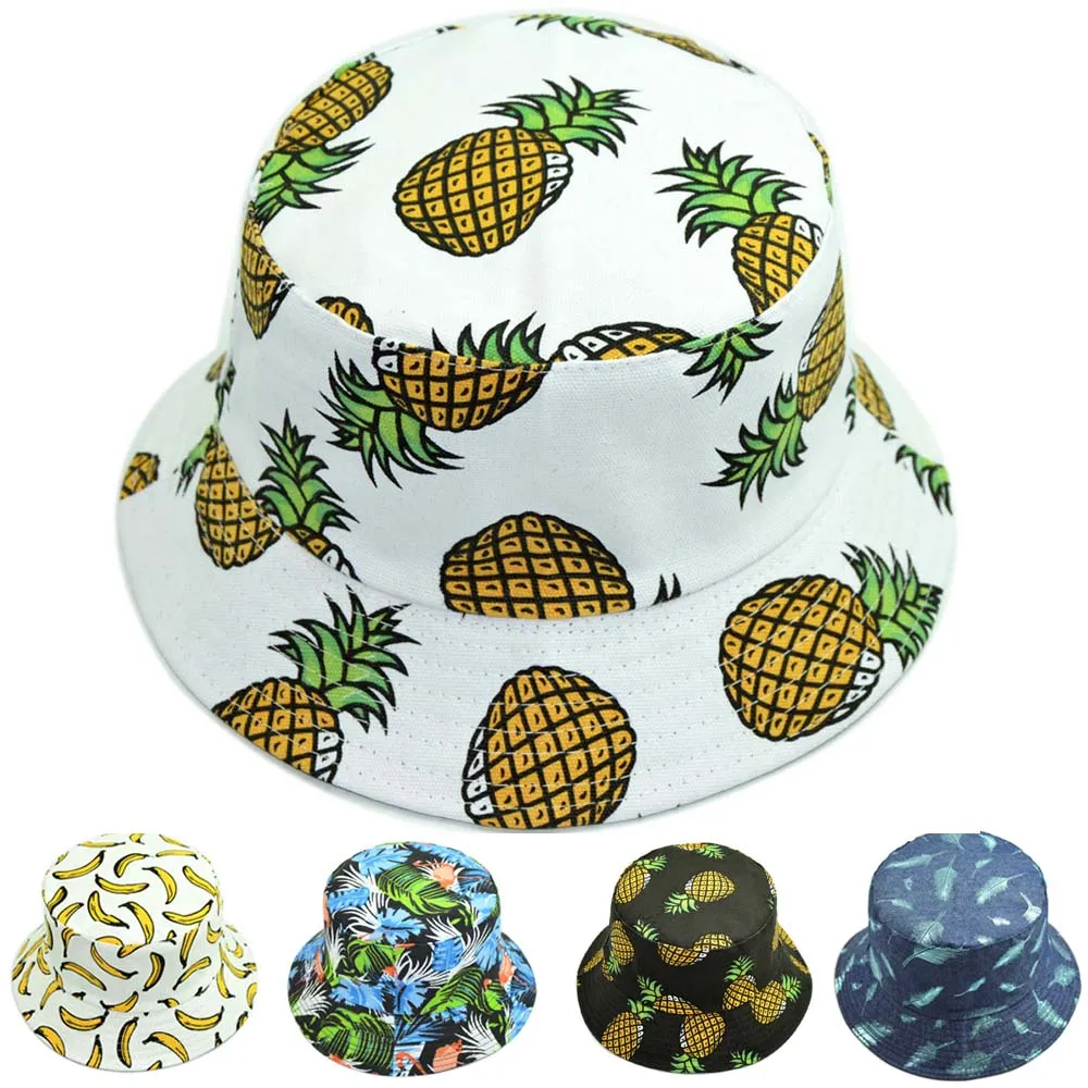 

Reversible Bucket Hat Men Pineapple Banana Spring Fall Canvas Cotton Panama Sun Hat for Women Flower Double Layers Bucket Cap