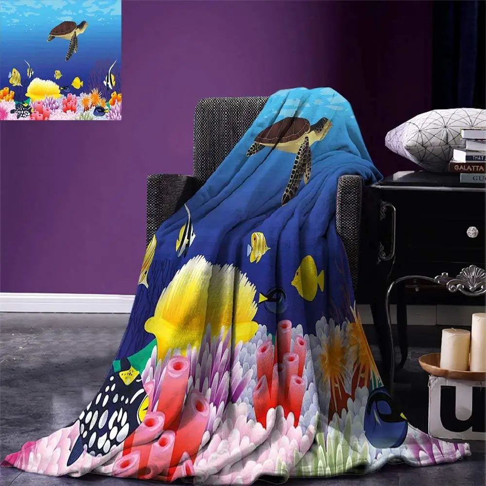 Ocean Throw Blanket Modern Cartoon Deep Sea Nautical Navy Aquarium Fish Turtle Rocks Moss Artwork Print Fleece for Bed | Дом и сад