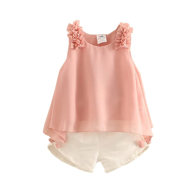 Casual Cute 2 3 4 5 6 8 10 Years Solid Color Bow Flower Sleeveless T-shirt+Shorts 2 Pcs Baby Kids Girls Summer Clothing Set