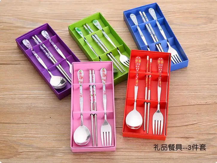 

100sets / lot Stainless Steel Spoon Fork And Chopstick Set Metal Tableware Wedding Gift Souvenirs Free Shipping SN866