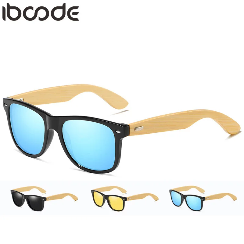 

iboode Polarized Bamboo Sunglasses Men Wood Sun Glasses Women Retro Square Night Vision Driving Shades Oculos De Sol Ｍasculino