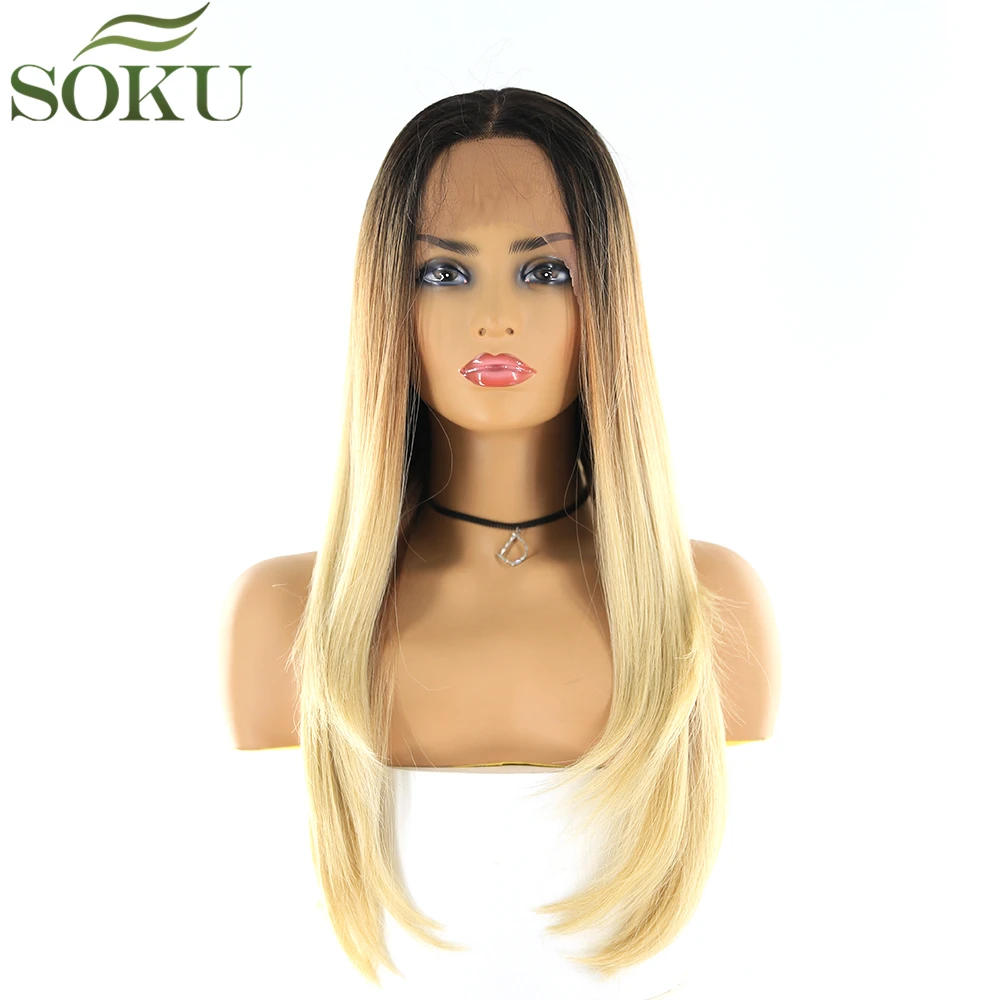 Омбре блонд синтетические парики на кружеве для женщин SOKU 24 дюйма прямые парики 150% плотность термостойкие волокна парик - Цвет: R3437