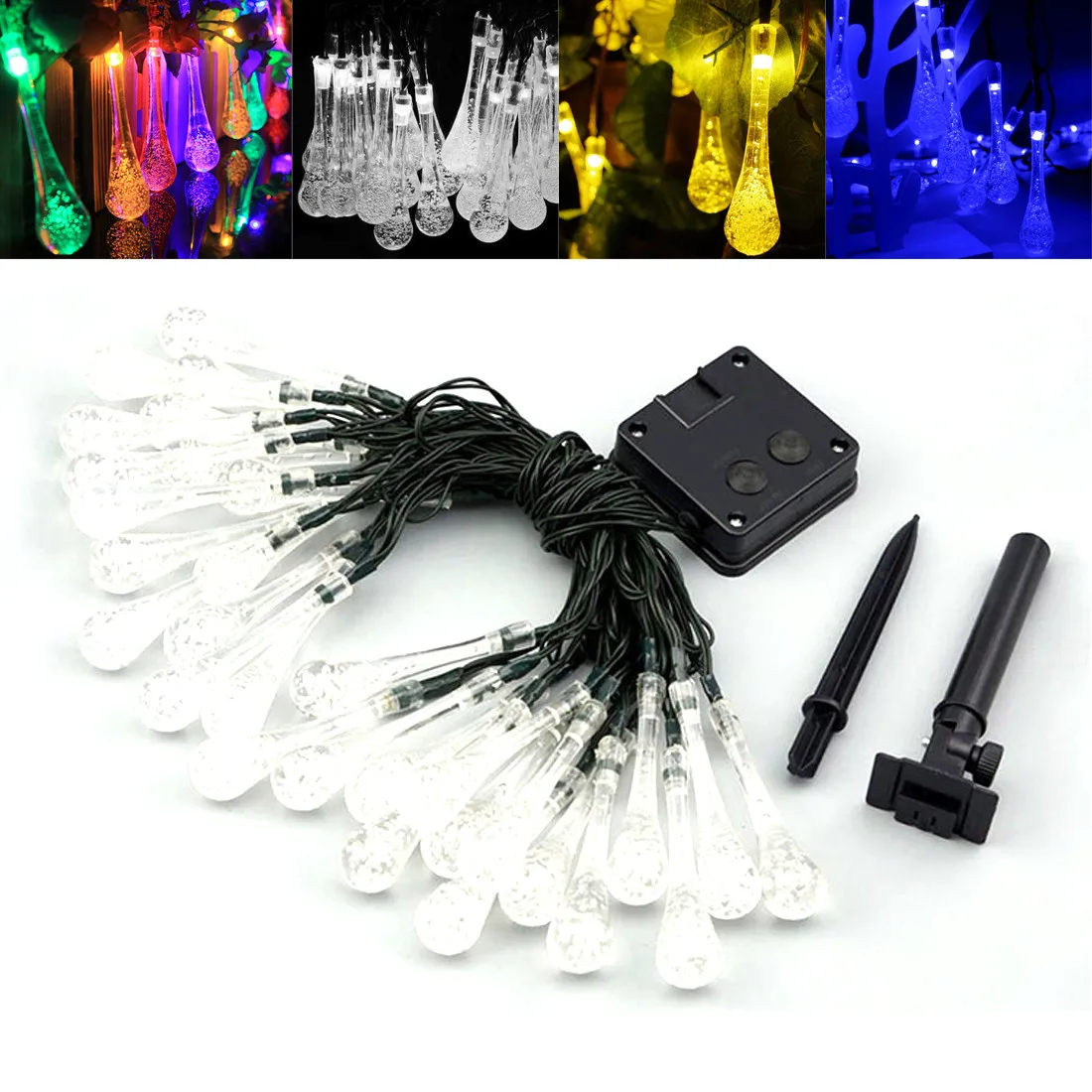 

OriGlam Water Drop String Lights 4 Colors Solar Twinkling Glass Lamp Strip 15ft 20LEDs Decorative Garden Window Porch Lawn Fairy