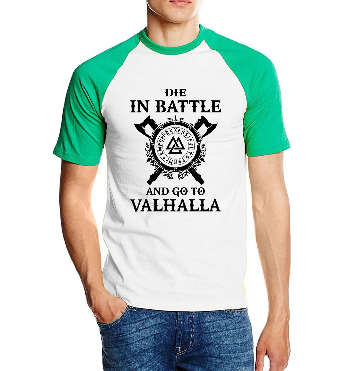 Die In Battle And Go To Valhalla tv Show Viking, мужские футболки, хит лета, реглан викингов, футболка, хлопок, Camisetas Hombre - Цвет: green white1