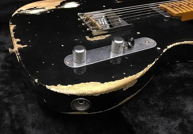 Tienda personalizada, TELE 6 cuerdas maple fingerboard guitarra eléctrica, relic telecaster gitaar. guitarra de color negro