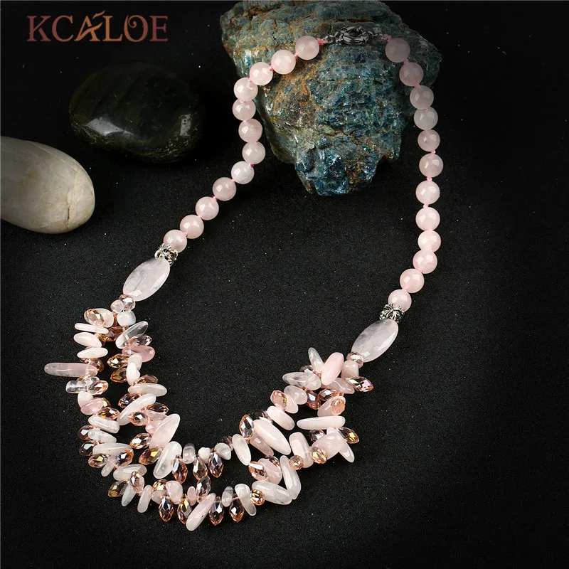 KCALOE Crystal Pink Quartz Bohemian Necklace For Women Handmade Natural
