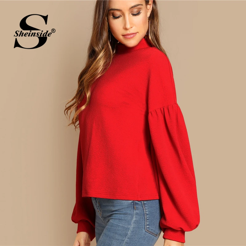 Sheinside أنيقة النساء زِر تي شيرت عودة بالون كم أعلى الأحمر المحملة قميص فام 2018 الخريف قمصان إمرأة طويلة الأكمام قمم